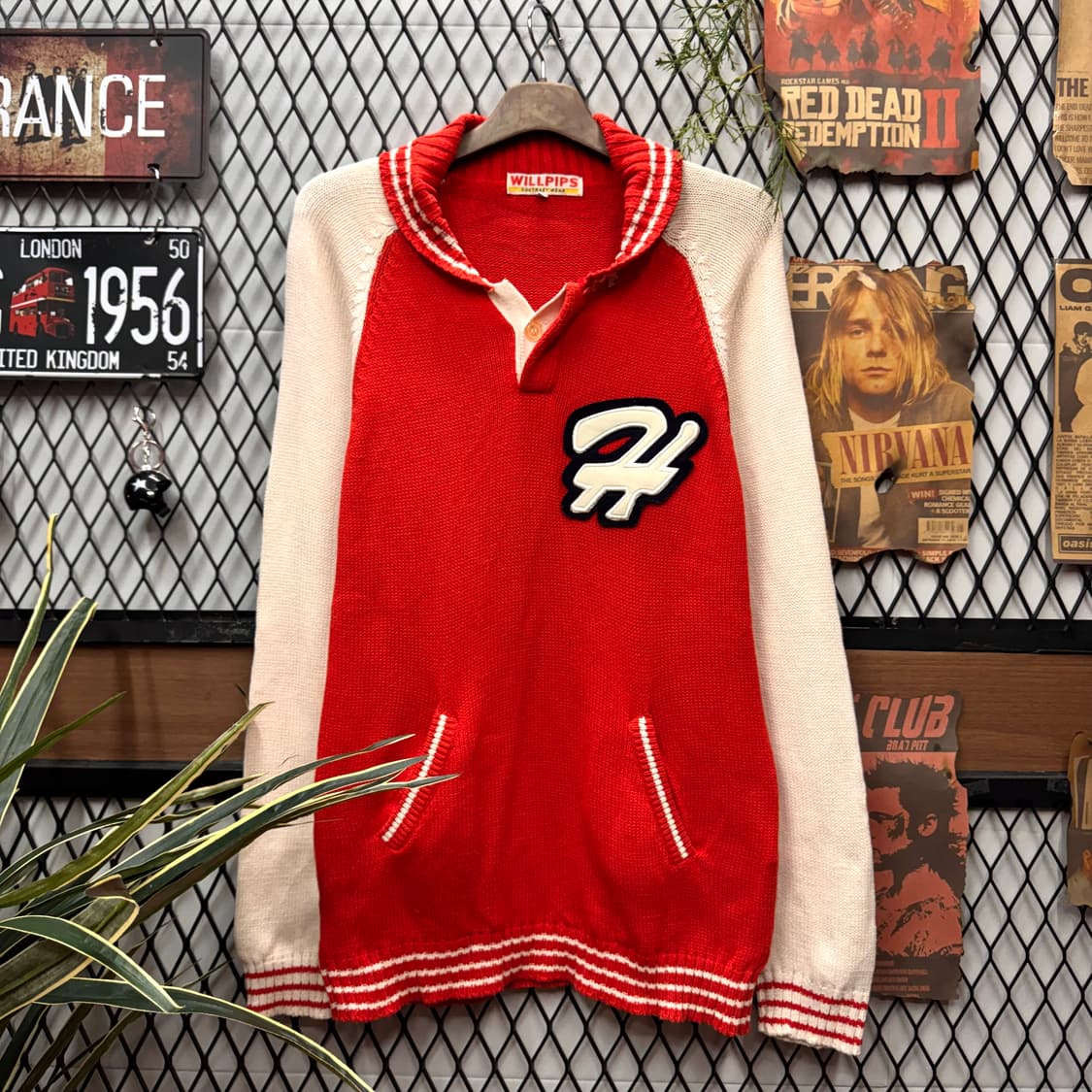 00s JPN VINTAGE 니트 전면 빅로고 포인트 레드 아이보리 상품이미지1