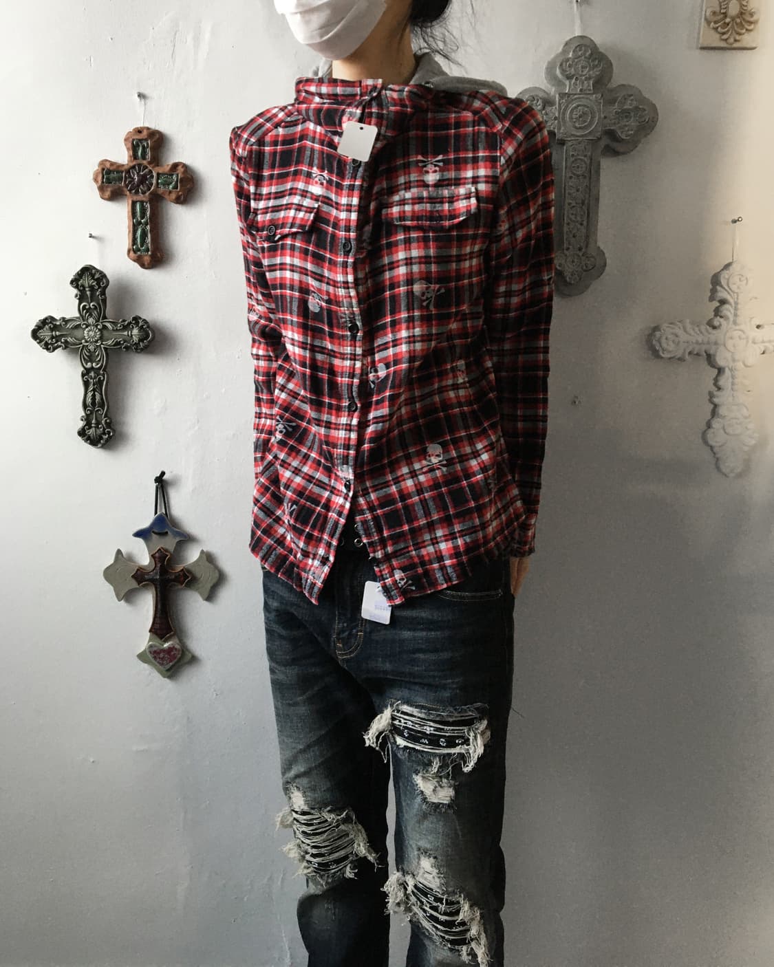 Hood layered skull check pattern shirt 상품이미지6