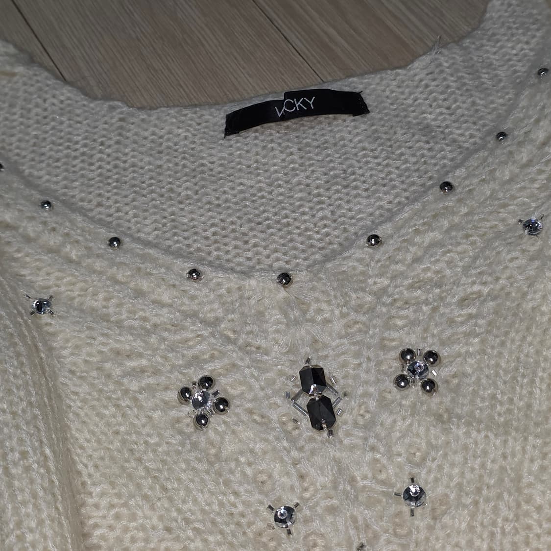 VICKY 일본빈티지)긱시크 y2k 아이보리 큐빅 로맨틱 니트롱슬리브 상품이미지4