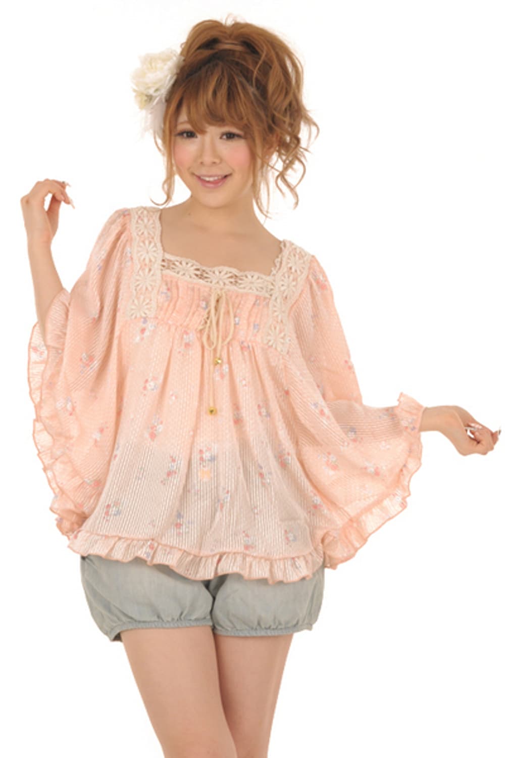 리즈리사 사몬핑크 잔꽃 스트라이프 블라우스 상품이미지1