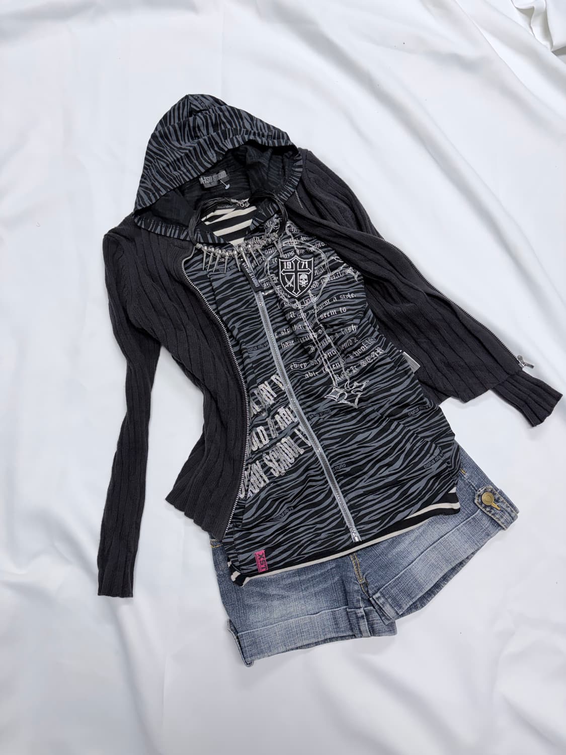 00s 갸루펑크 지브라 해골 & 십자가 글리터 4pcs 코디세트 상품이미지3