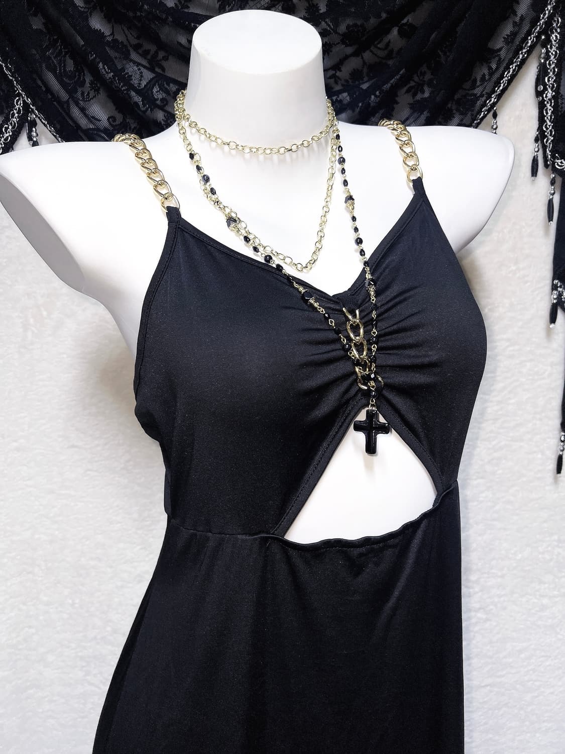 오네갸루 로맨틱고딕 고스펑크 금장체인 블랙 롱드레스 트임원피스 섹시 코스 상품이미지4