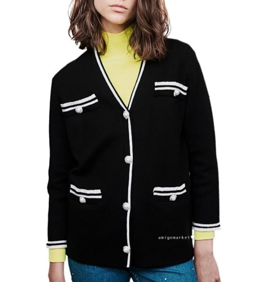 maje 마쥬 큐빅 진주 버튼 울 가디건 / 여 1 블랙 화이트 상품이미지2