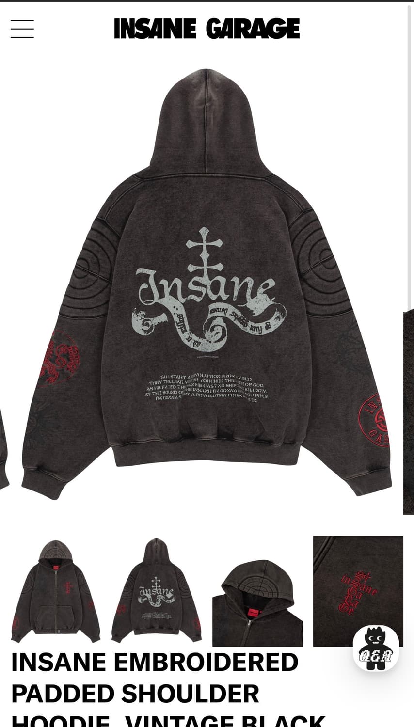 인세인개러지 패디드 숄더 후드집업 빈티지 블랙 3사이즈 상품이미지2
