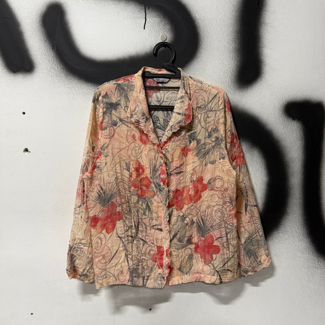 VTG 빈티지 뮤트톤 오리엔탈 플라워 패턴 오간자 시스루 블라우스 자켓 상품이미지1