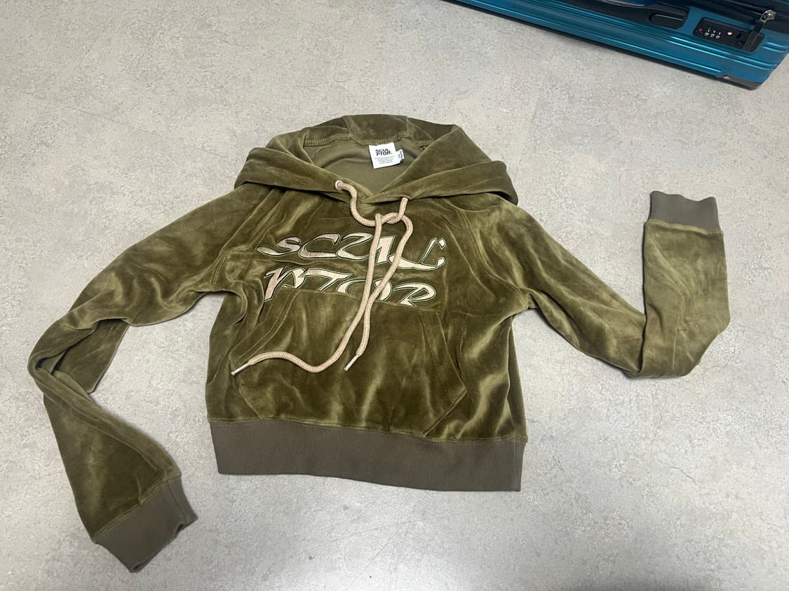 스컬프터 벨루어 아플리케 크롭 후드티 세이지 S사이즈 상품이미지5