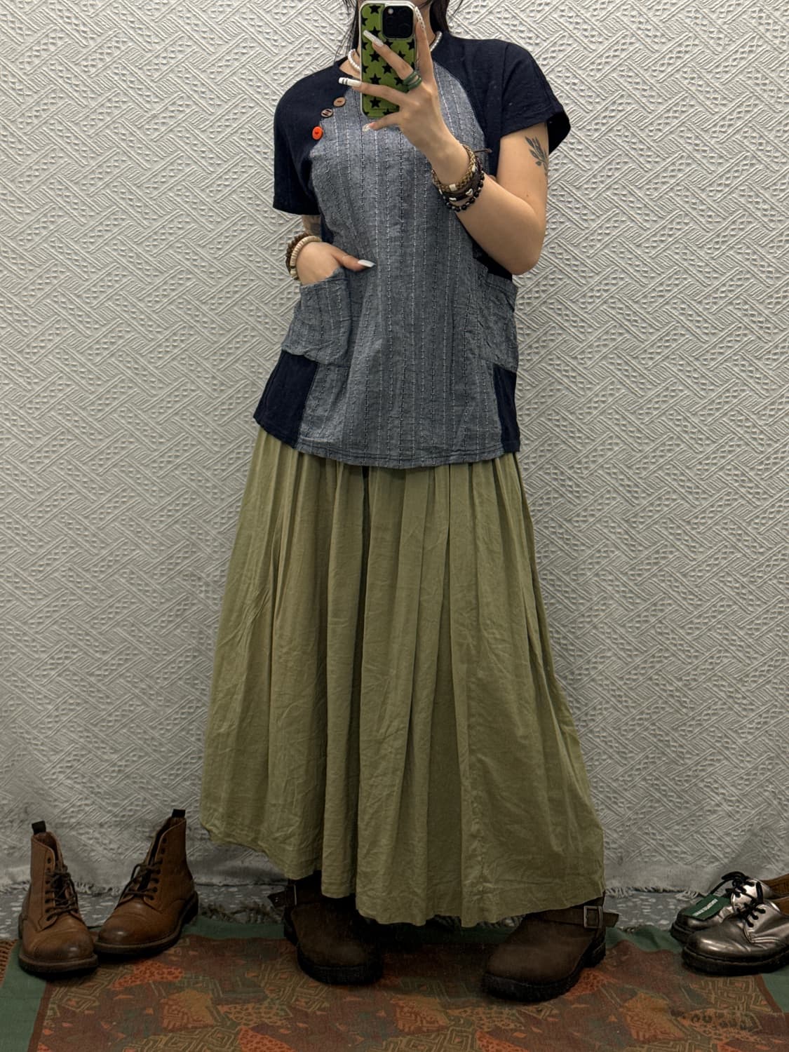 빈티지 포레스트 모리 말차카키 셔링 플레어 시어 롱스커트 K0125 상품이미지1