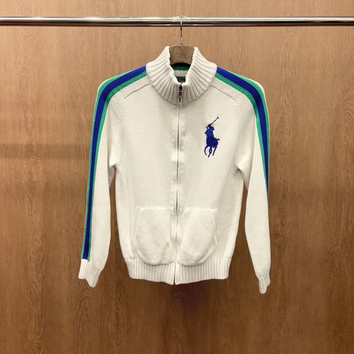 폴로 랄프로렌 니트 집업 가디건 라인 배색 스트라이프 자수 디테일 화이트 상품이미지2