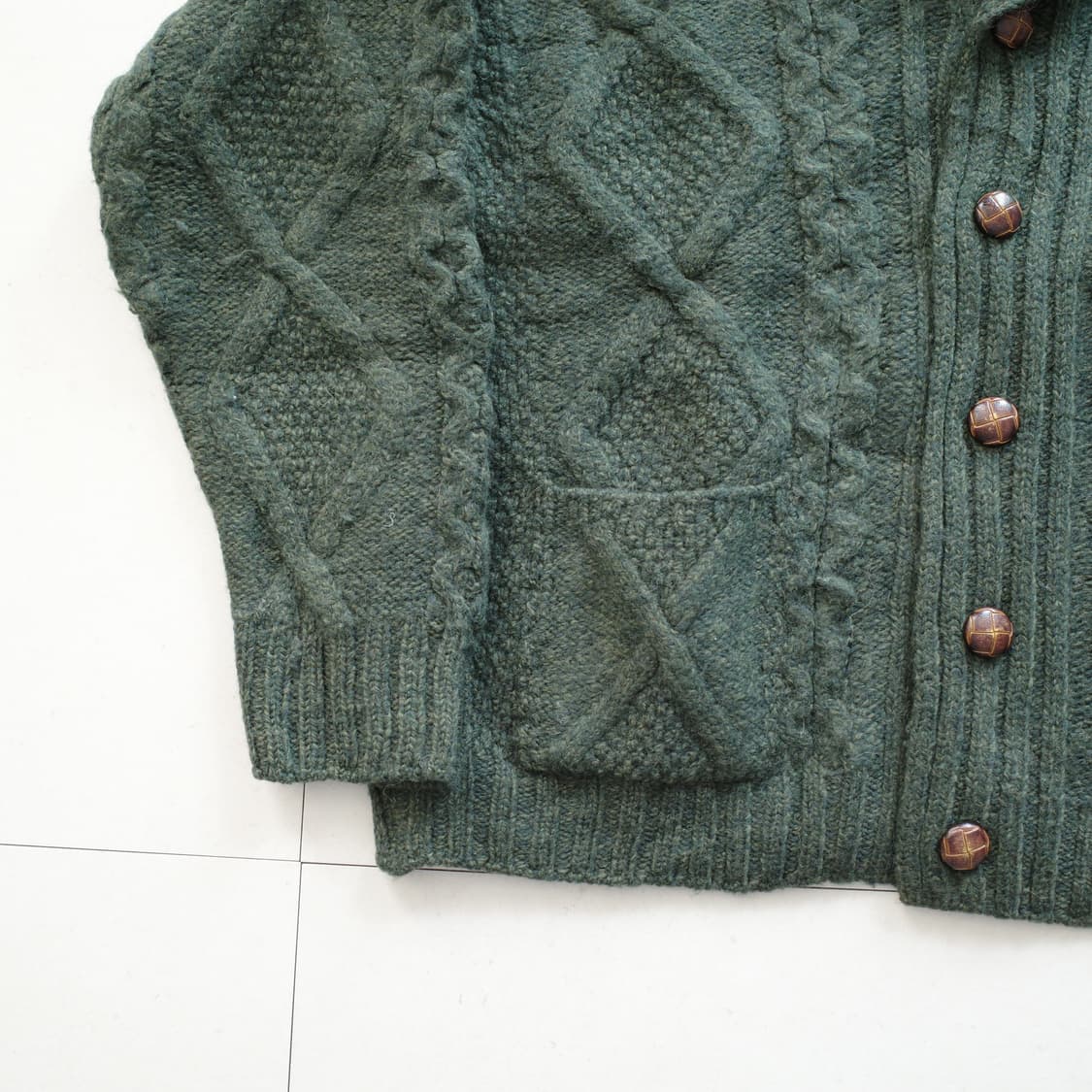 아란 스웨터 마켓 메리노 울 숄 가디건 M 딥그린 아일랜드 생산  상품이미지5