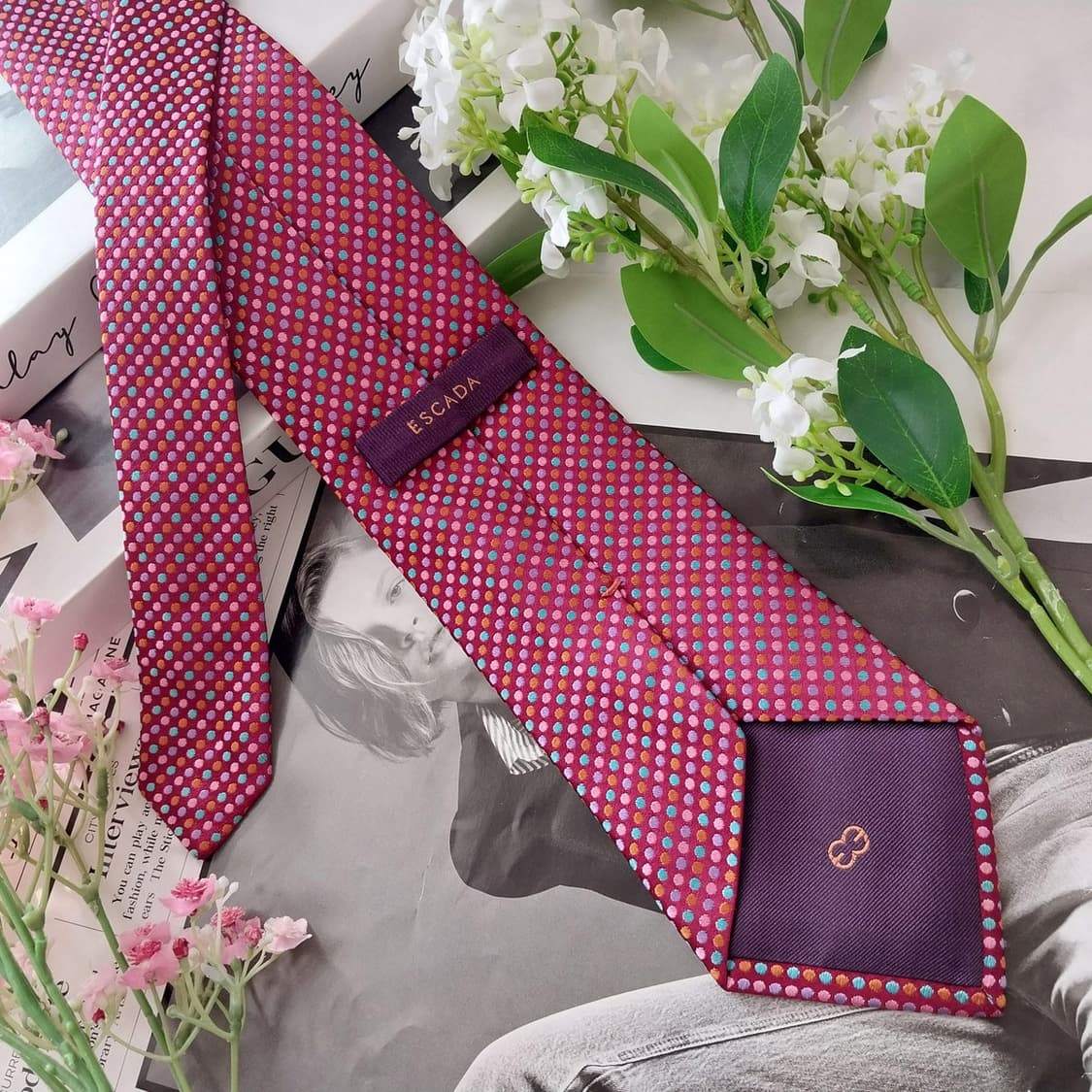 에스까다 실크 와인 도트 자수 넥타이 8.9cm S~A+등급 K2141 상품이미지5