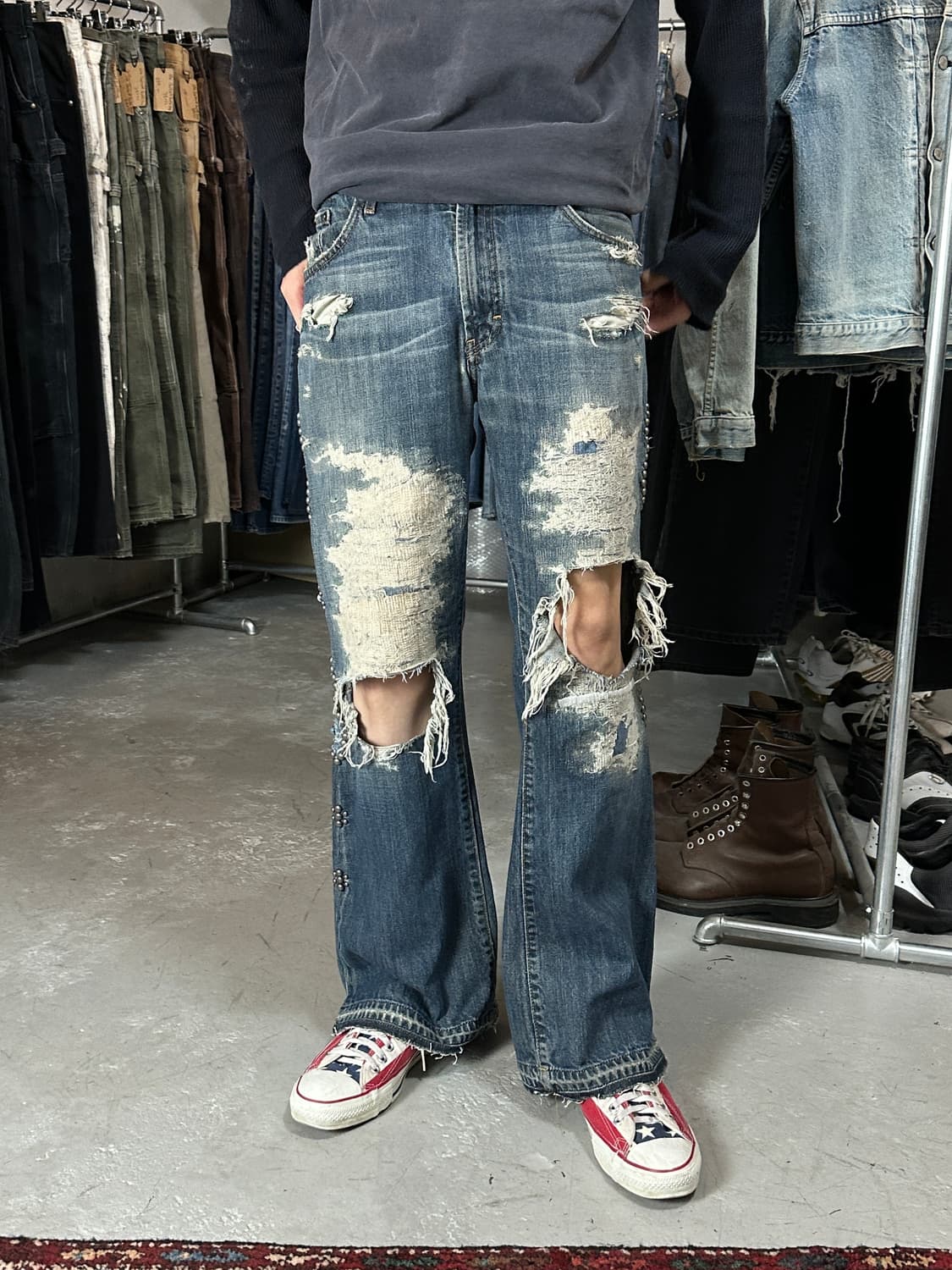 00's 바나나 리퍼블릭 부츠컷 벨바텀 팬츠 보로 리페어 상품이미지3