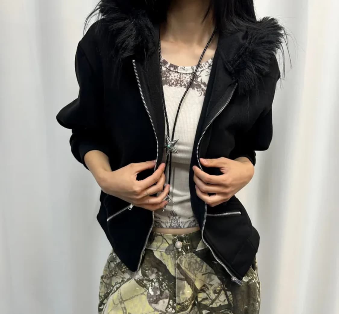 블랙 퍼 후드집업 상품이미지1