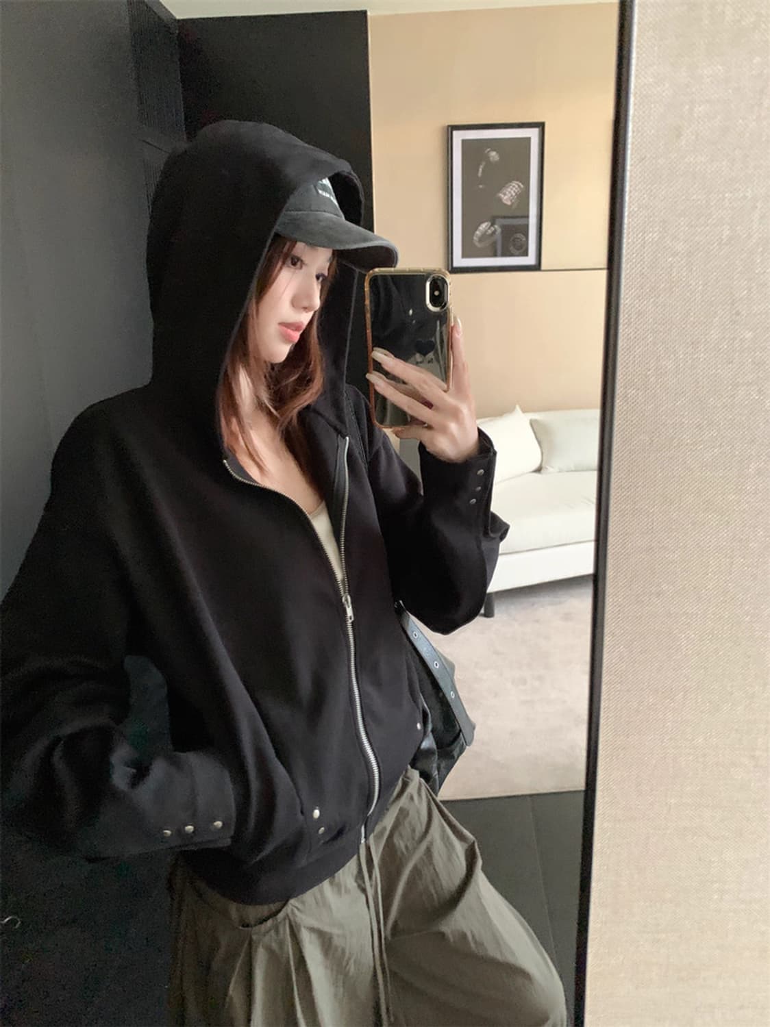 스터드 후드집업 그레이, 블랙 상품이미지5