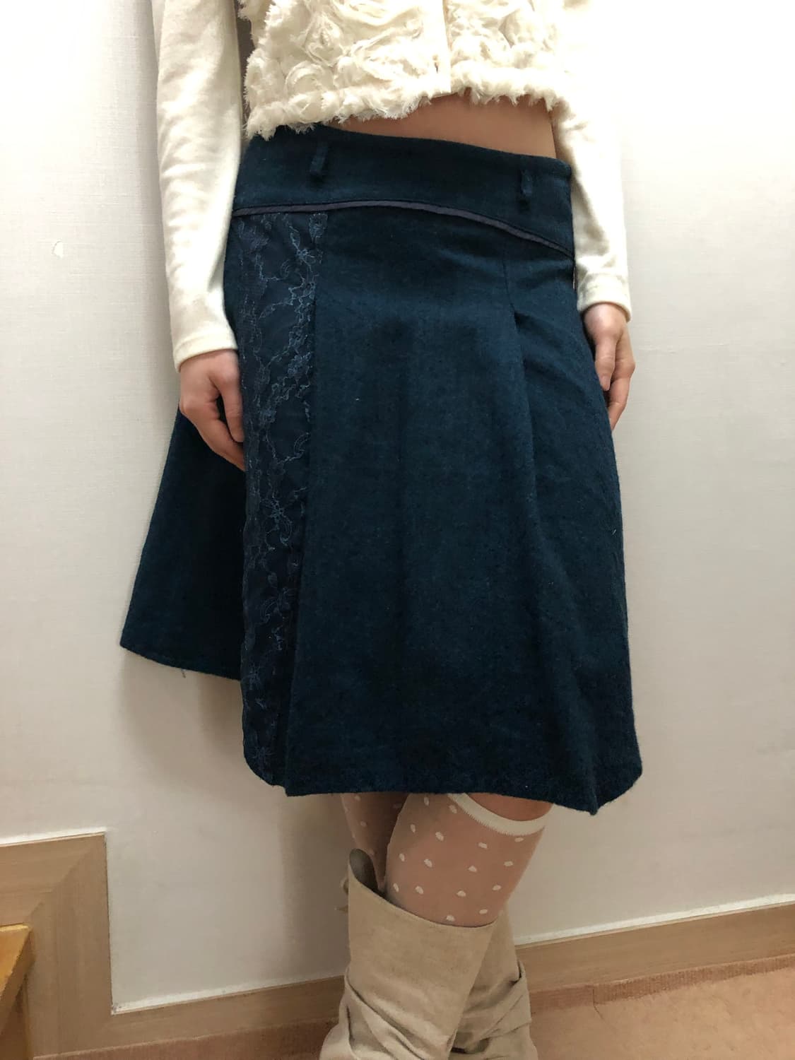 빈티지 다크네이비 레이스 울 플리츠 스커트 상품이미지1