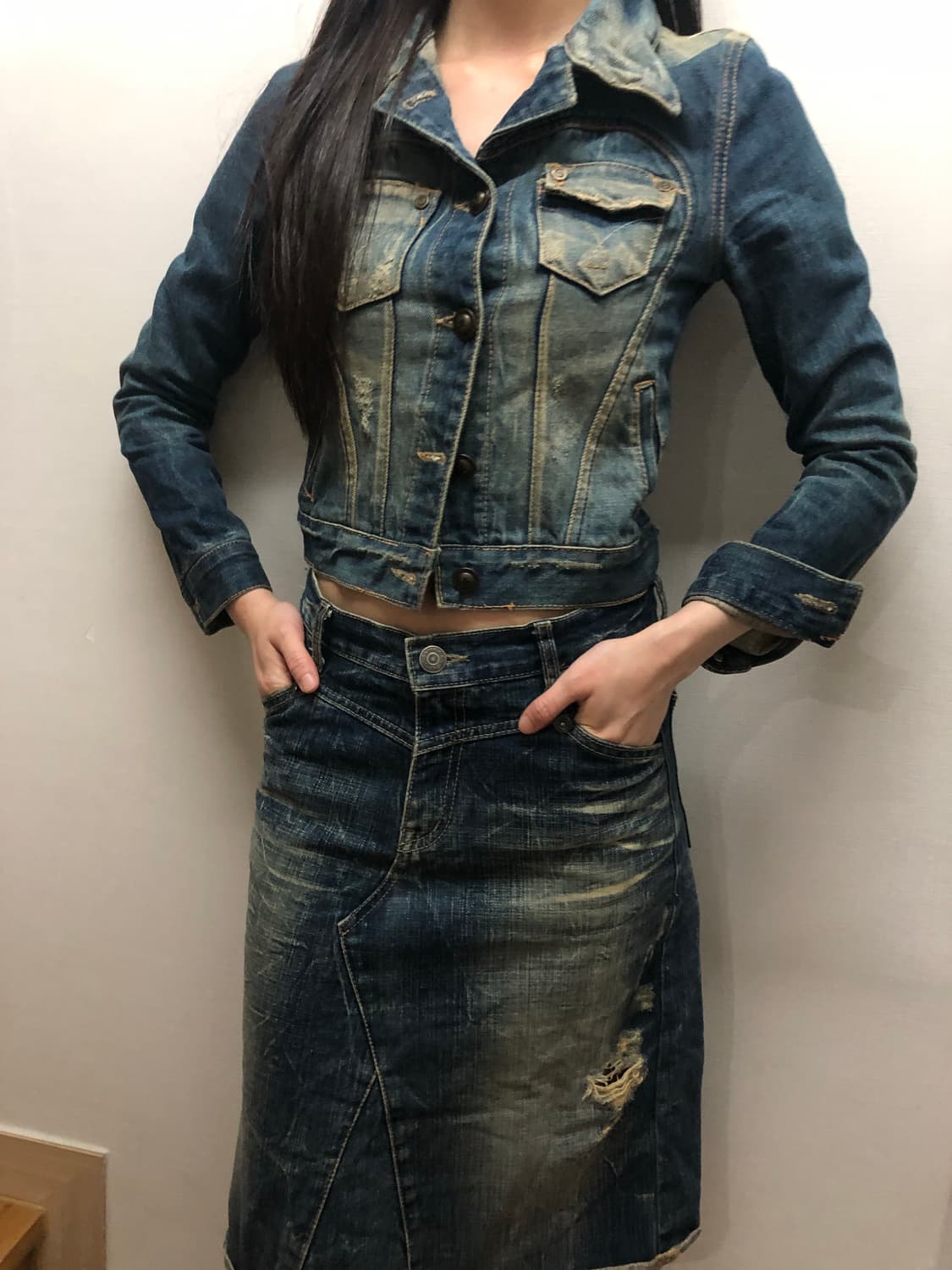 빈티지 데님 옐로우 워싱 크롭 자켓 상품이미지4