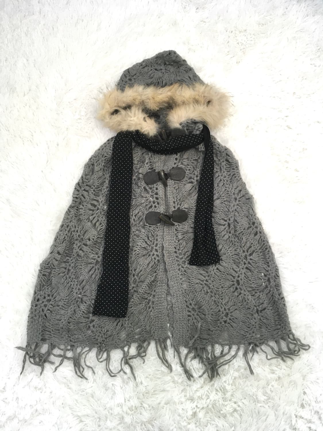 일본빈티지 차콜 퍼후드 케이프 더플 가디건 상품이미지6