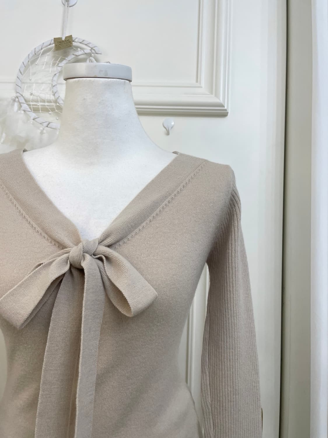 beige bow sleeve rib knit top(size-M) 상품이미지7
