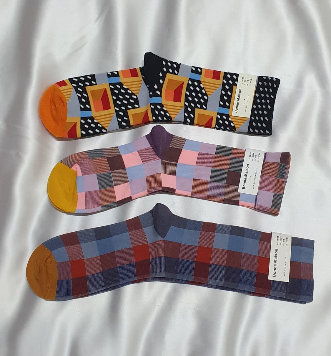 오렌지 옐로우 블루 레드 체크 Bonne Maison 본메종 양말 상품이미지1