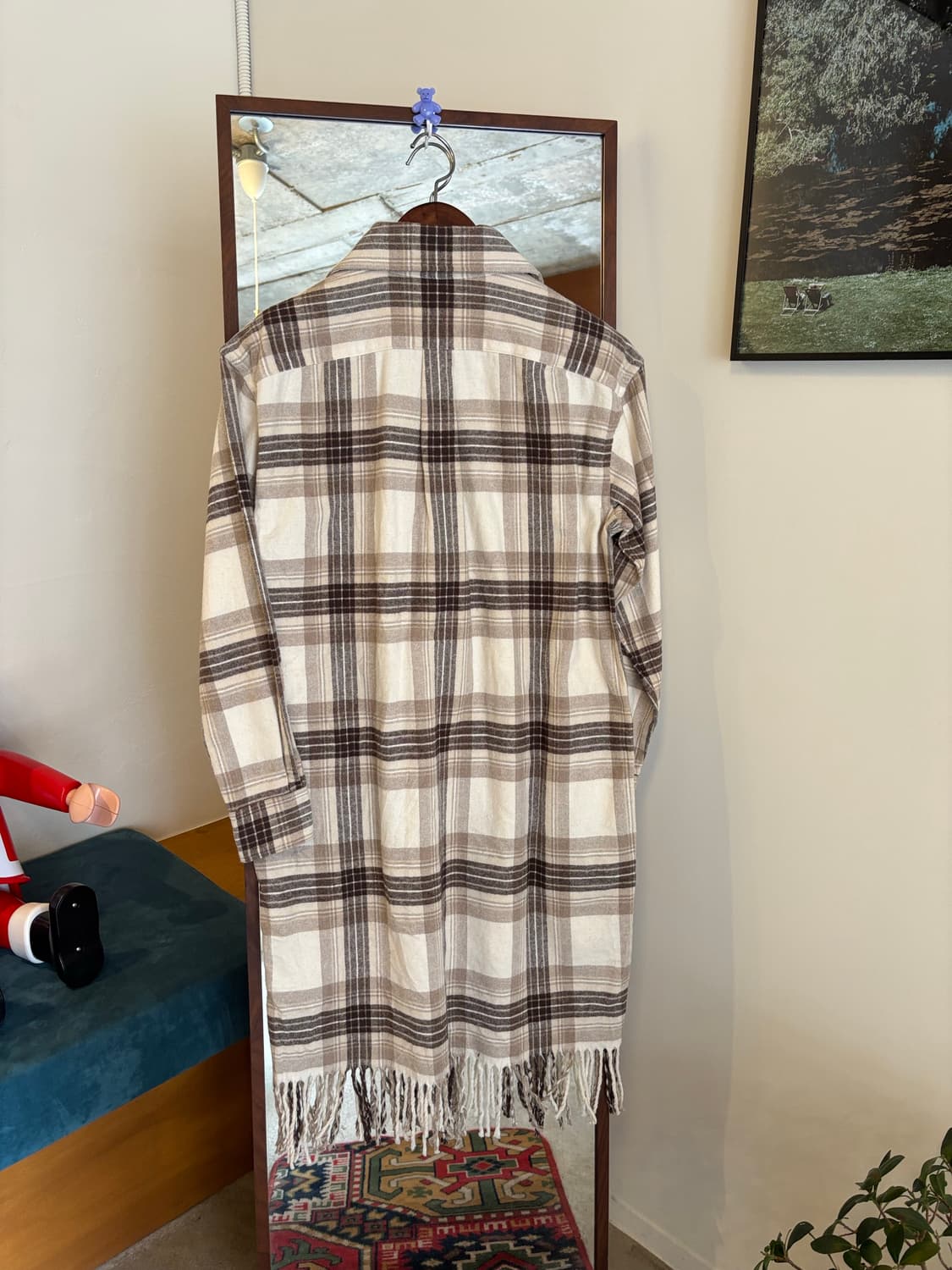 폴로 체크 패턴 롱 셔츠 원피스 프린지 장식 상품이미지5