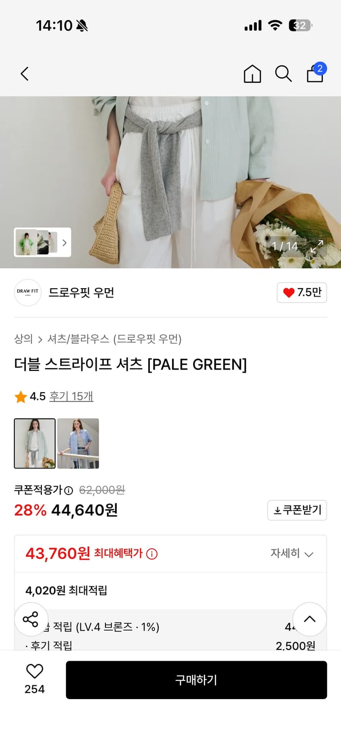 드로우핏우먼 더블 스트라이프 셔츠 [PALE GREEN]  상품이미지2
