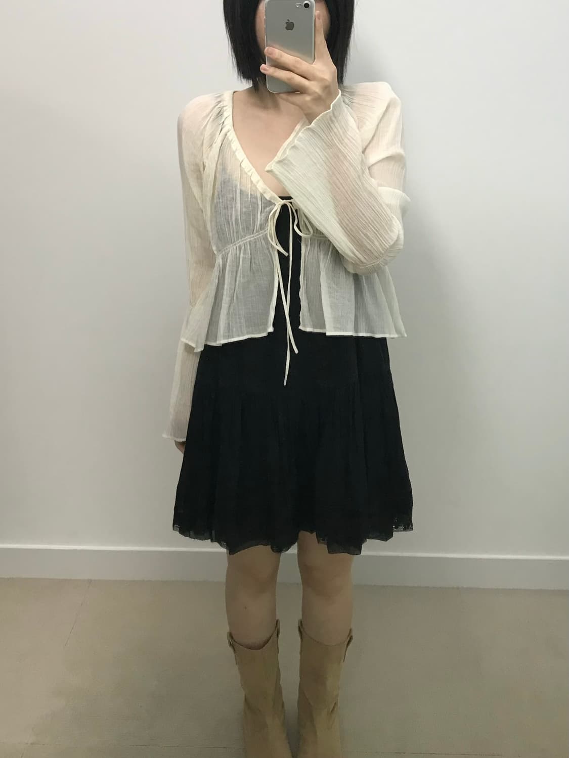 빈티지 플리츠 리본 블라우스 가디건 상품이미지1