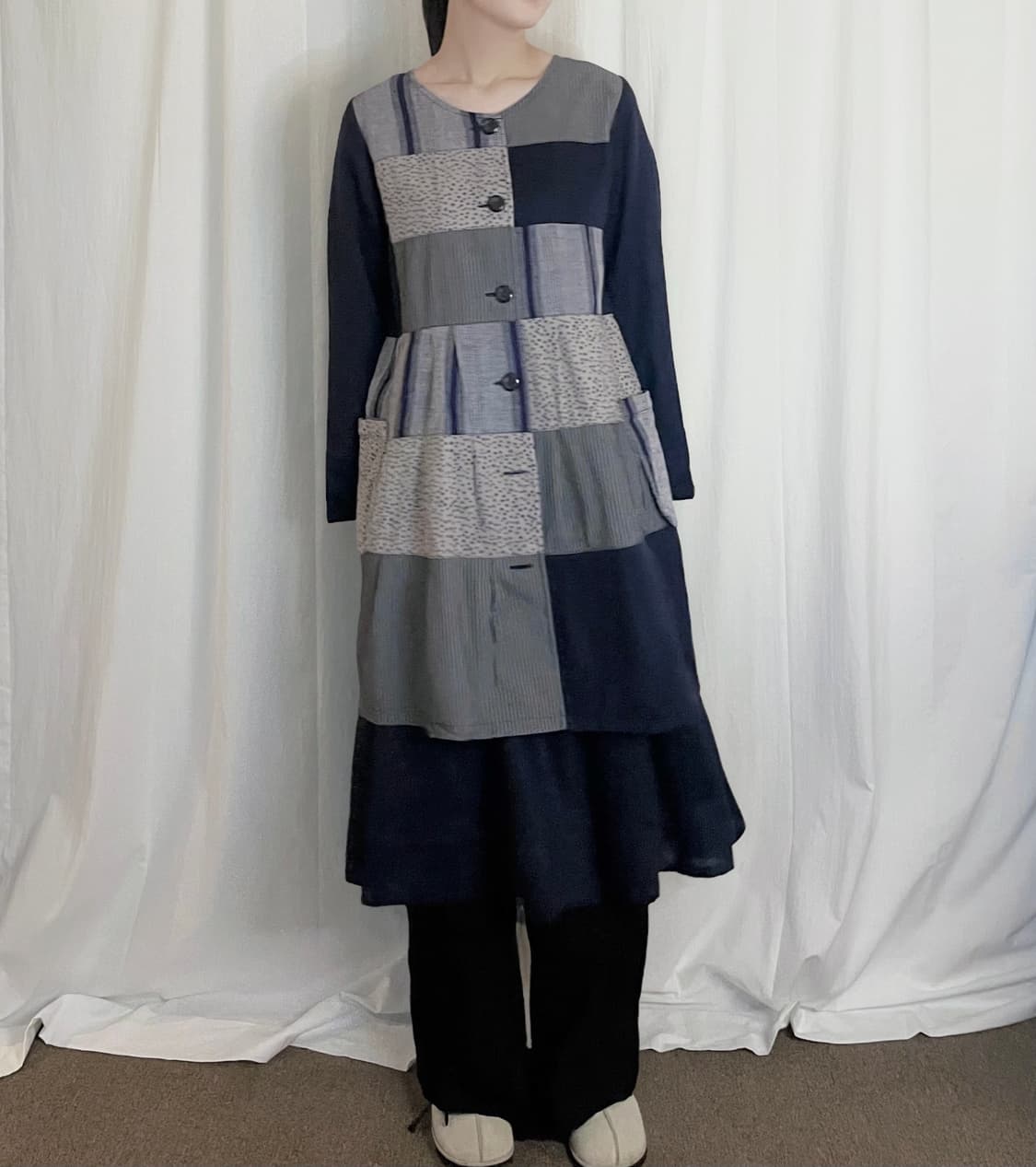 Patchwork Long Shirt - Navy 상품이미지3