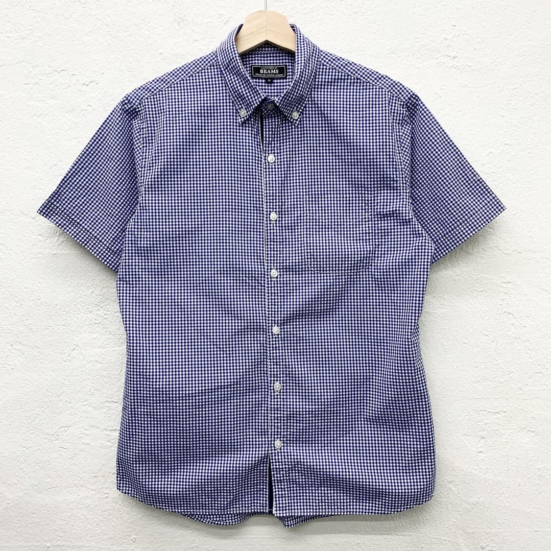 빔즈 블루 체크 삼선 디테일 하프 셔츠  상품이미지2