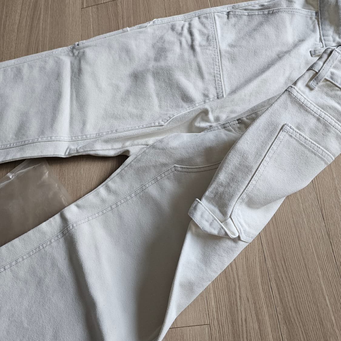 34 새제품 DECET 데님 워크 팬츠 세미 와이드 청바지 화이트 더블니 상품이미지4