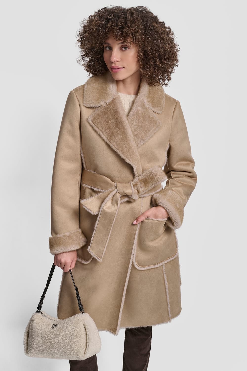 XS) dkny 도나카란 노치드 칼라 벨트 무스탕 코트 상품이미지8