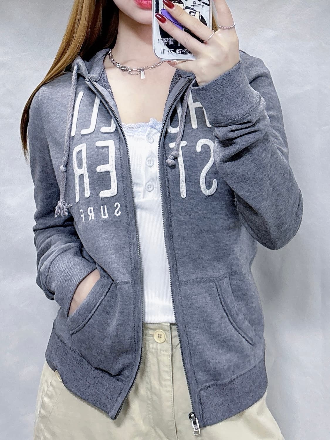 홀리스터 그레이 빅로고 딱붙핏 Y2K 후드집업  상품이미지2