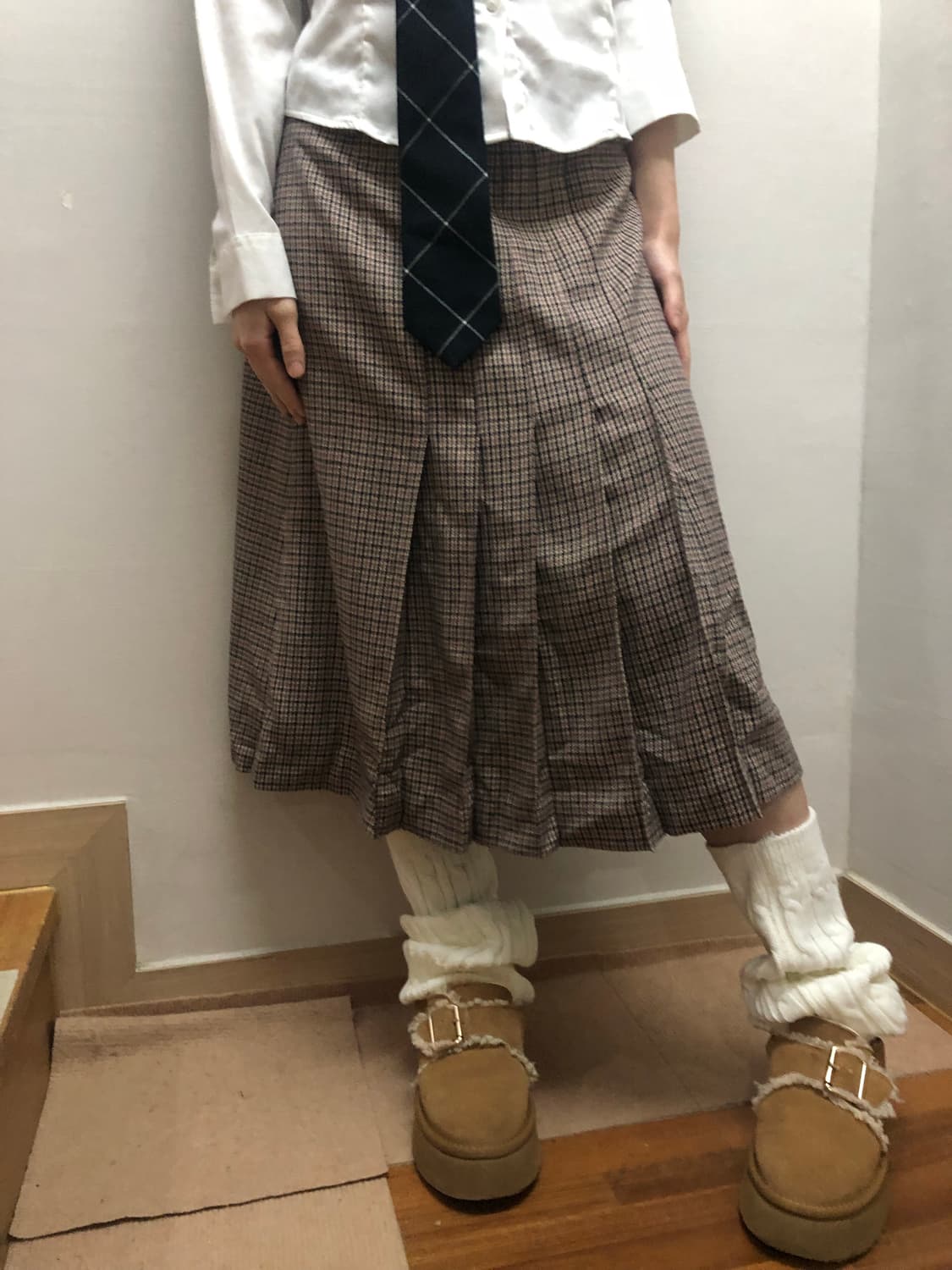 빈티지 브라운 핑크 체크 울 스커트 상품이미지6