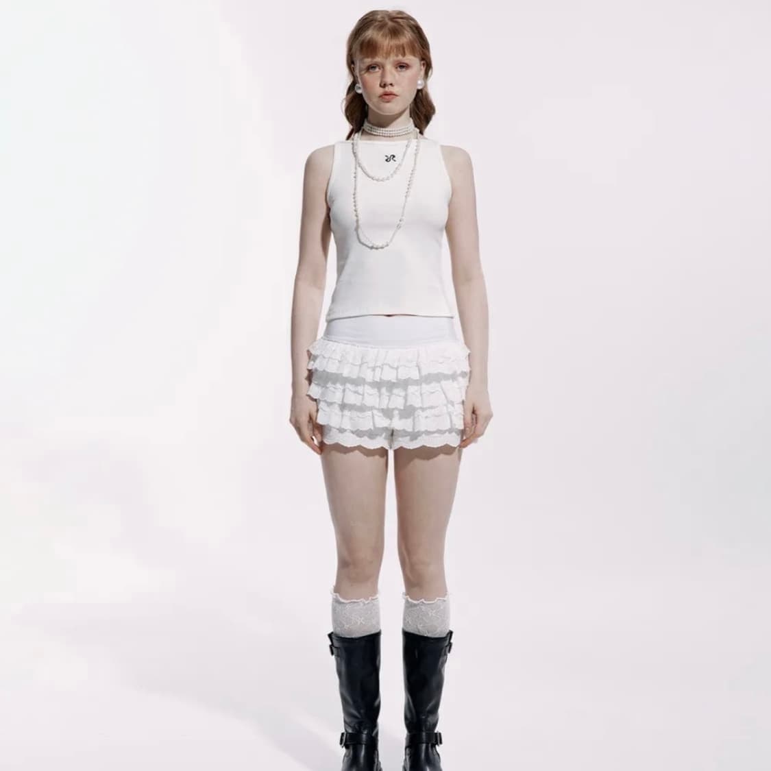 러프넥 레이스 튜튜 팬츠 스커트 화이트 상품이미지3