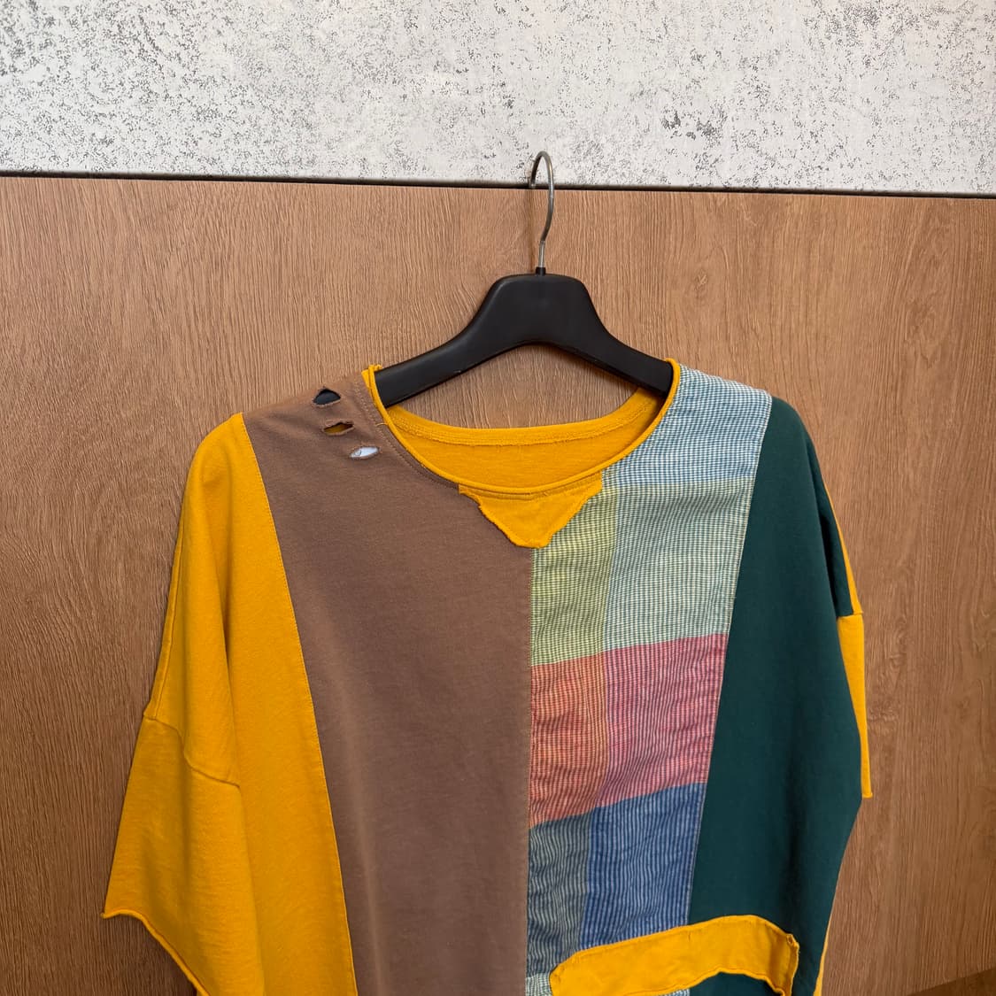 빈티지 반팔 티셔츠 패치워크 배색 디스트로이드 디테일 머스타드 k37 상품이미지3