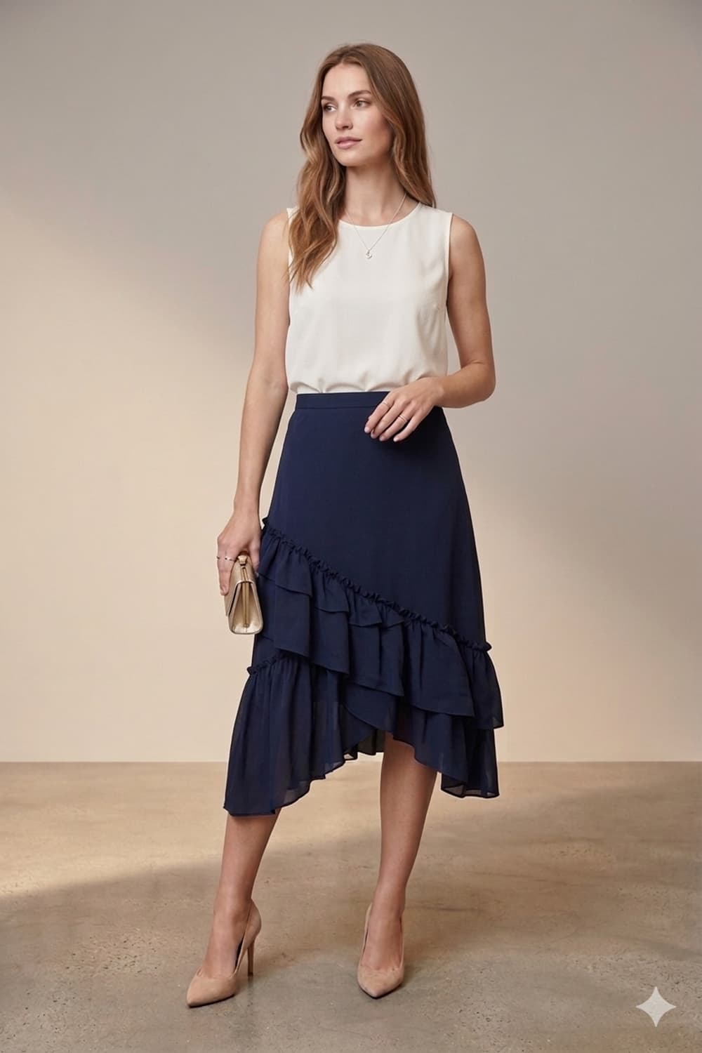 🌸가격인하 | 하객룩 언발 러플 미디 스커트 55 | 네이비 상품이미지1