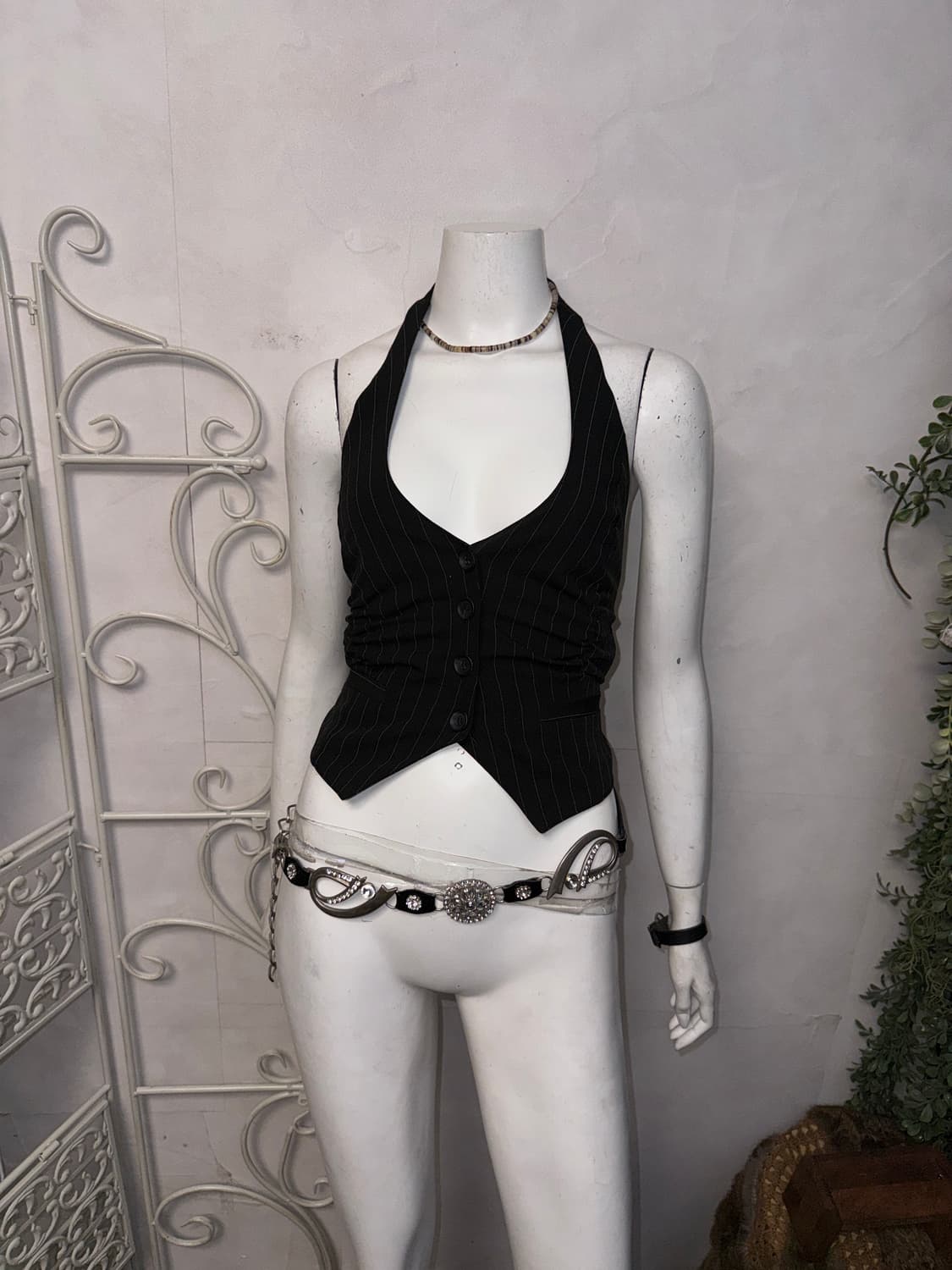 Black backless stripe shirring halter 나시 상품이미지3