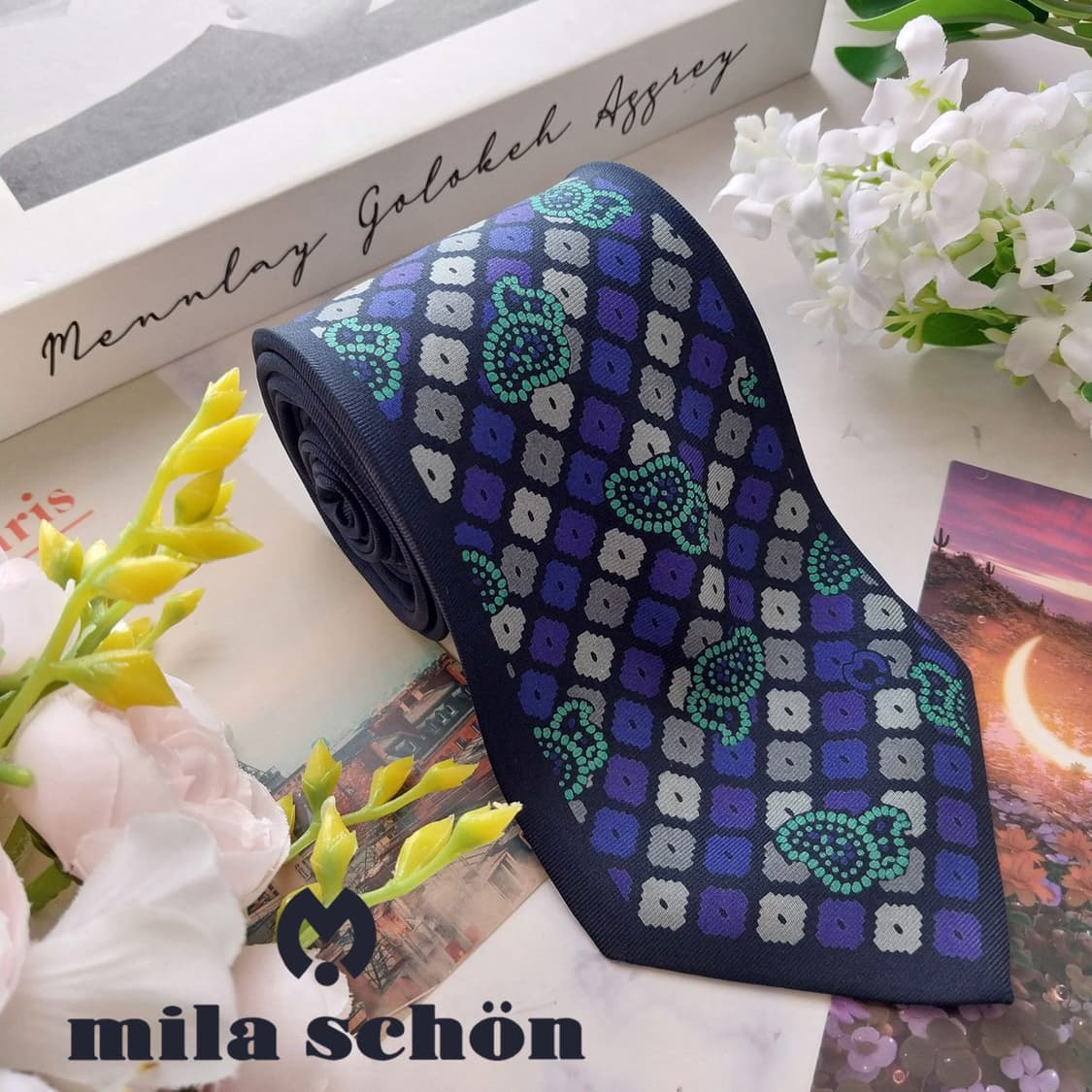 밀라숀 실크 네이비 패턴 넥타이 8.9cm A+등급 K2535 상품이미지1