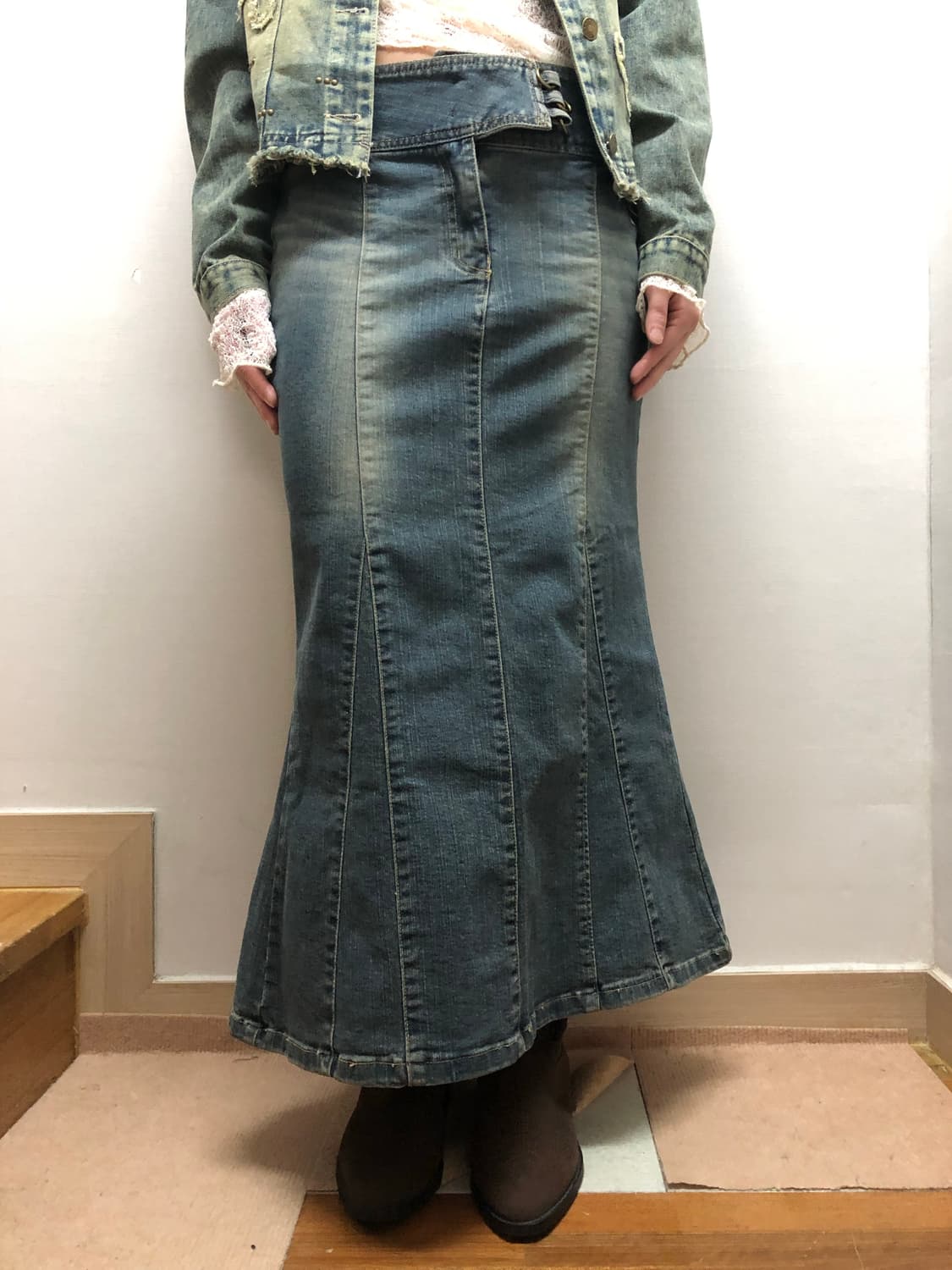 빈티지 데님 워싱 벨티드 롱 스커트 상품이미지6