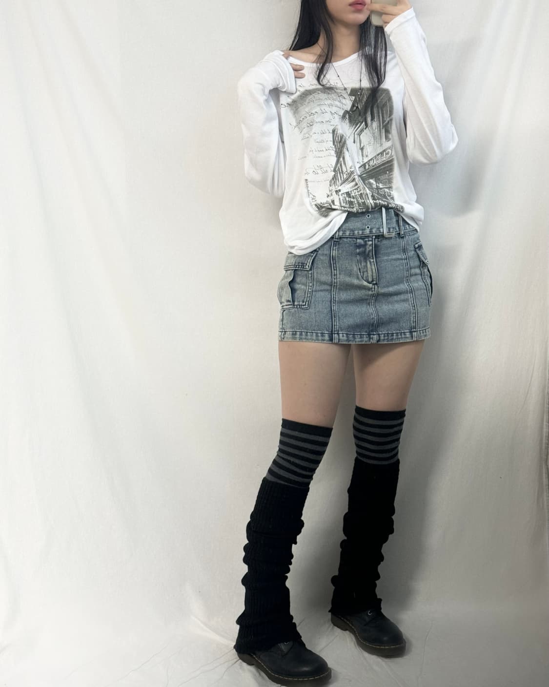 (미사용) 벨티드 워싱 로우 라이즈 데님 스커트 상품이미지7