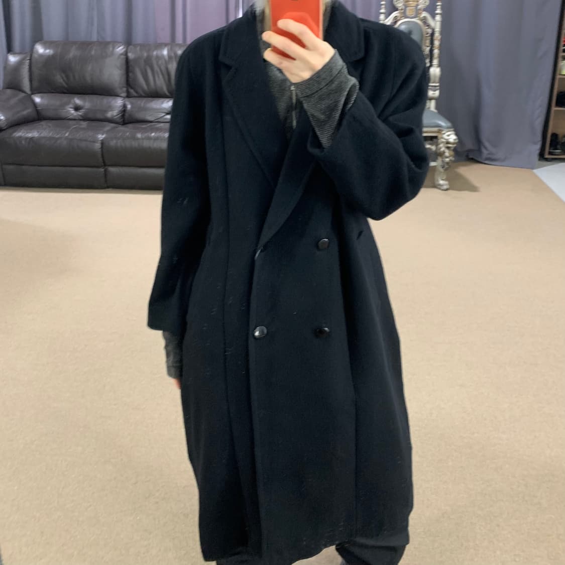 일본 빈티지 캐시미어 남녀공용 더블 브레스트 버튼 블랙 롱 코트 상품이미지1