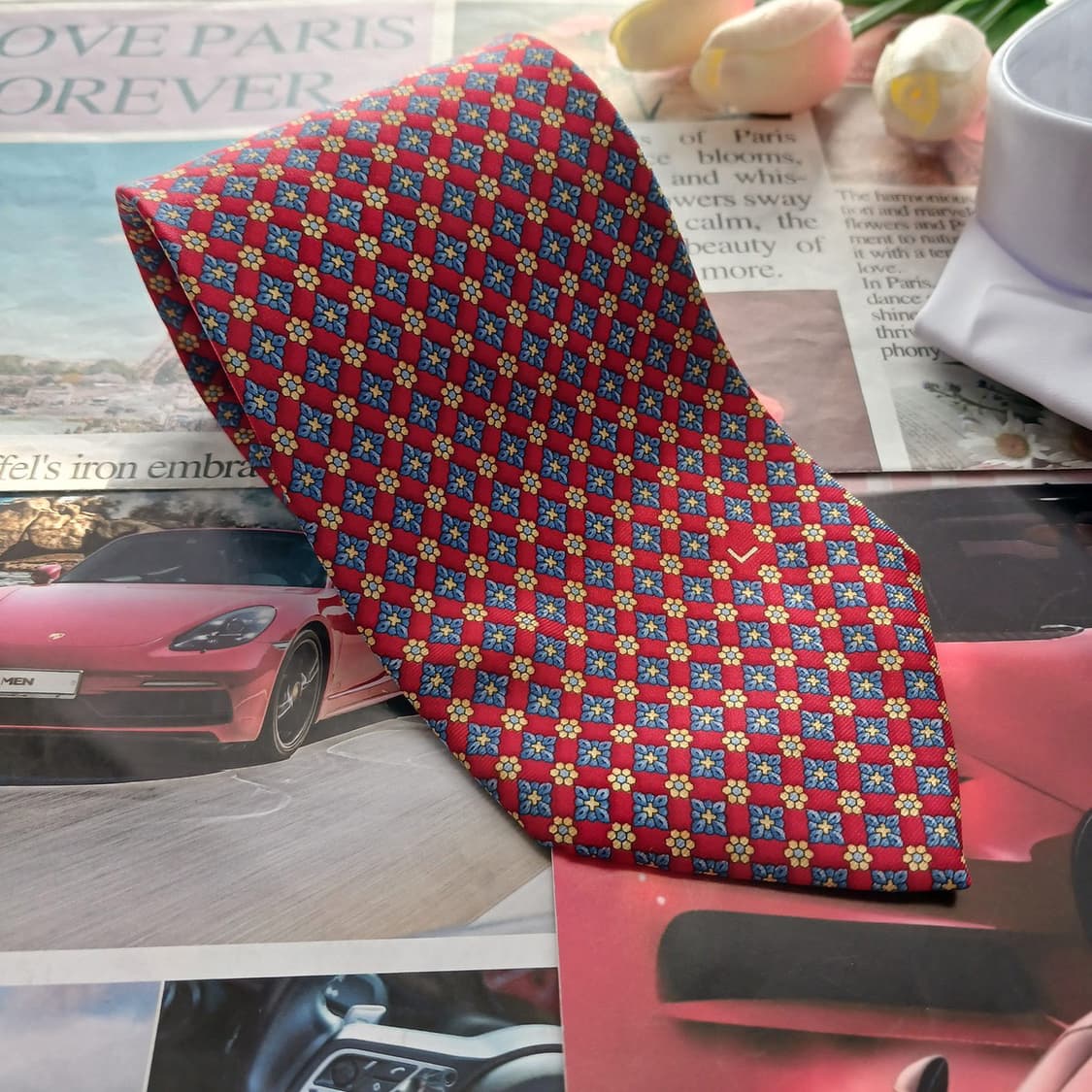 란셀 실크 레드 플라워 기하 패턴 넥타이 9.5cm A+등급 A18741 상품이미지2