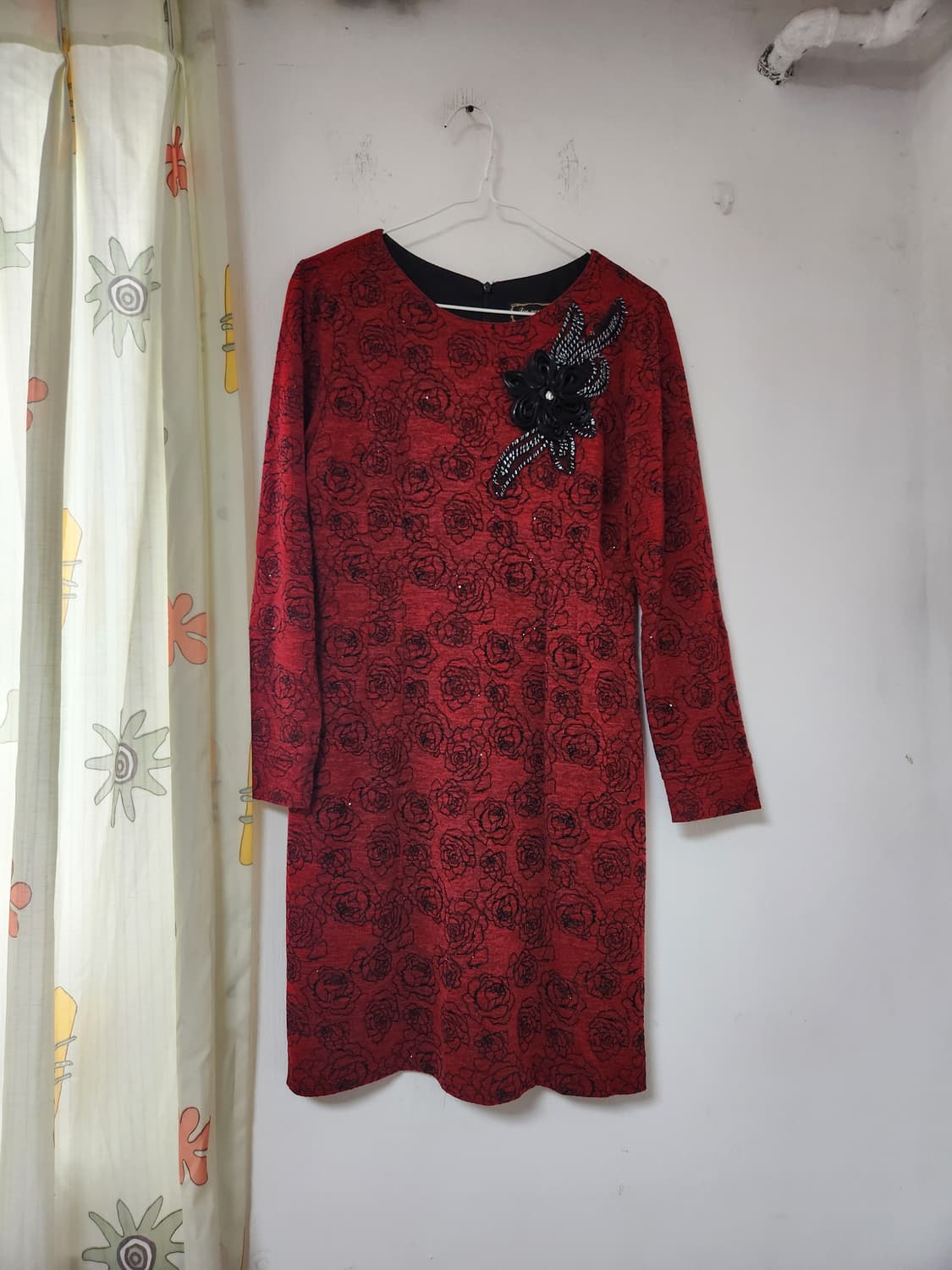 빈티지 빨간색 장미 패턴 미디 원피스 66 상품이미지1