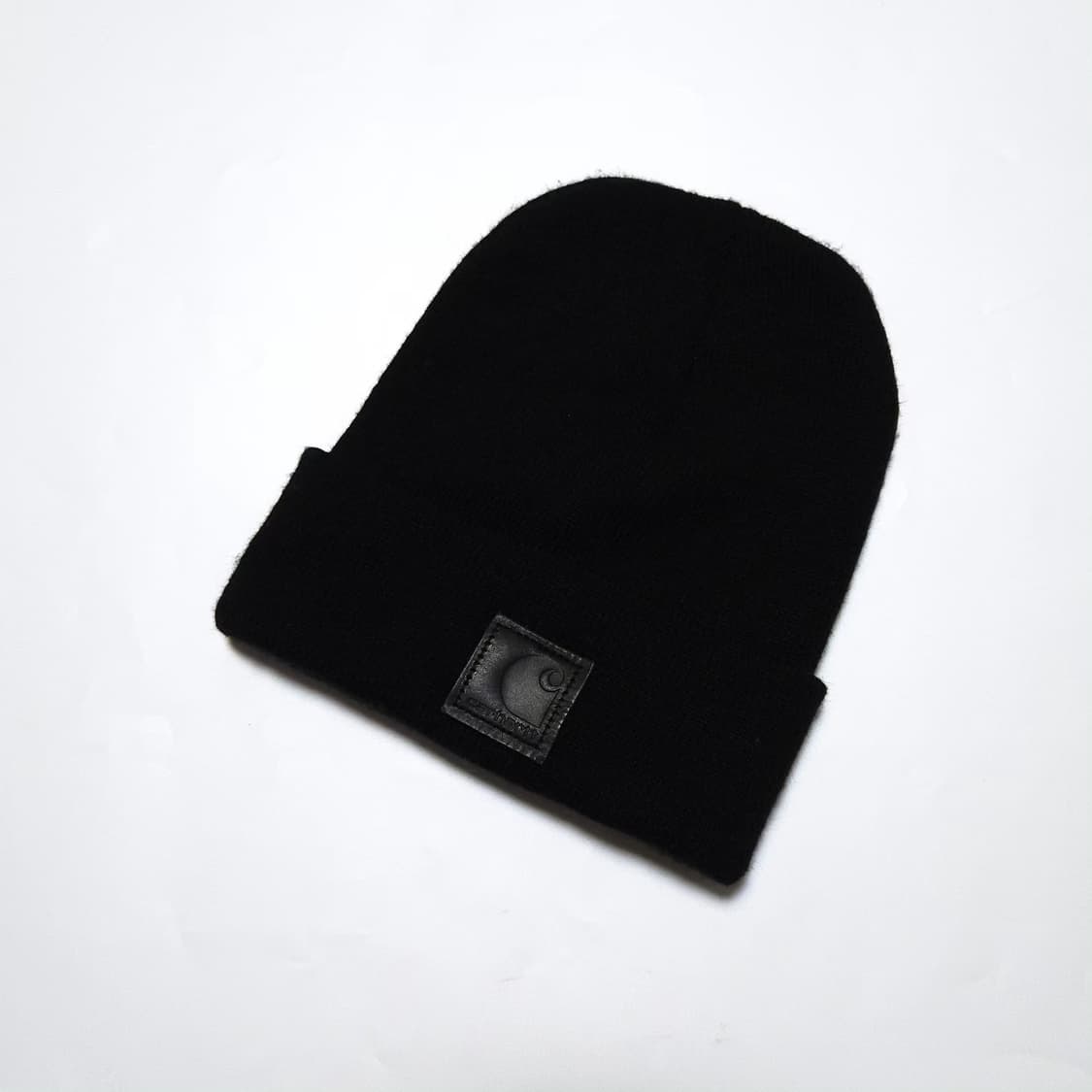 칼하트 레더 로고 니트 와치캡 비니 블랙 상품이미지1