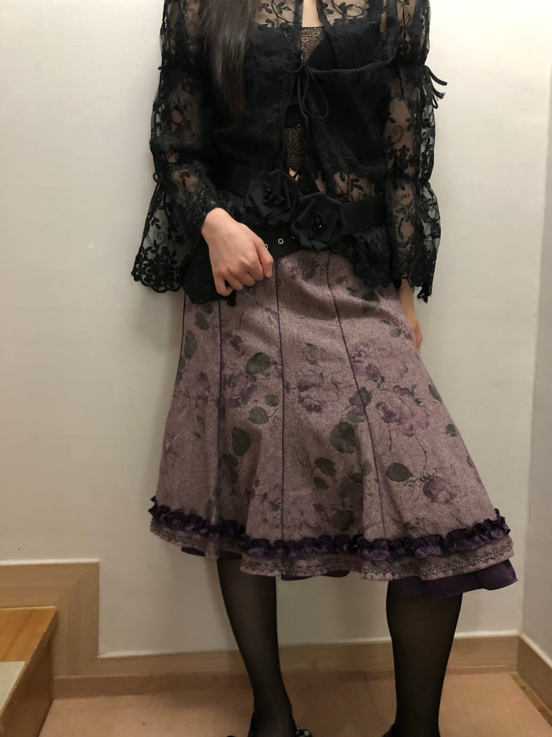 빈티지 퍼플 플라워 미디 스커트 상품이미지3