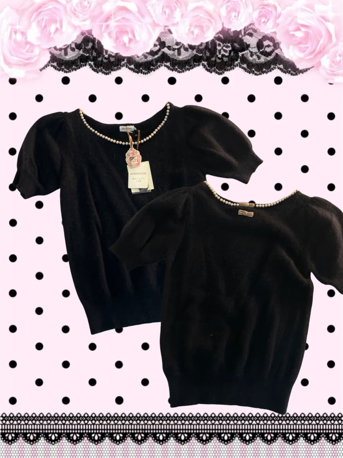 갸루 러블리 진주넥 리본 반팔 블랙 니트 상품이미지1
