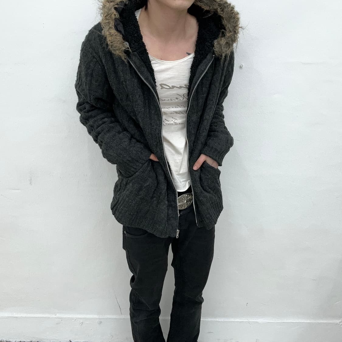 Grey fur hood jacket 상품이미지1