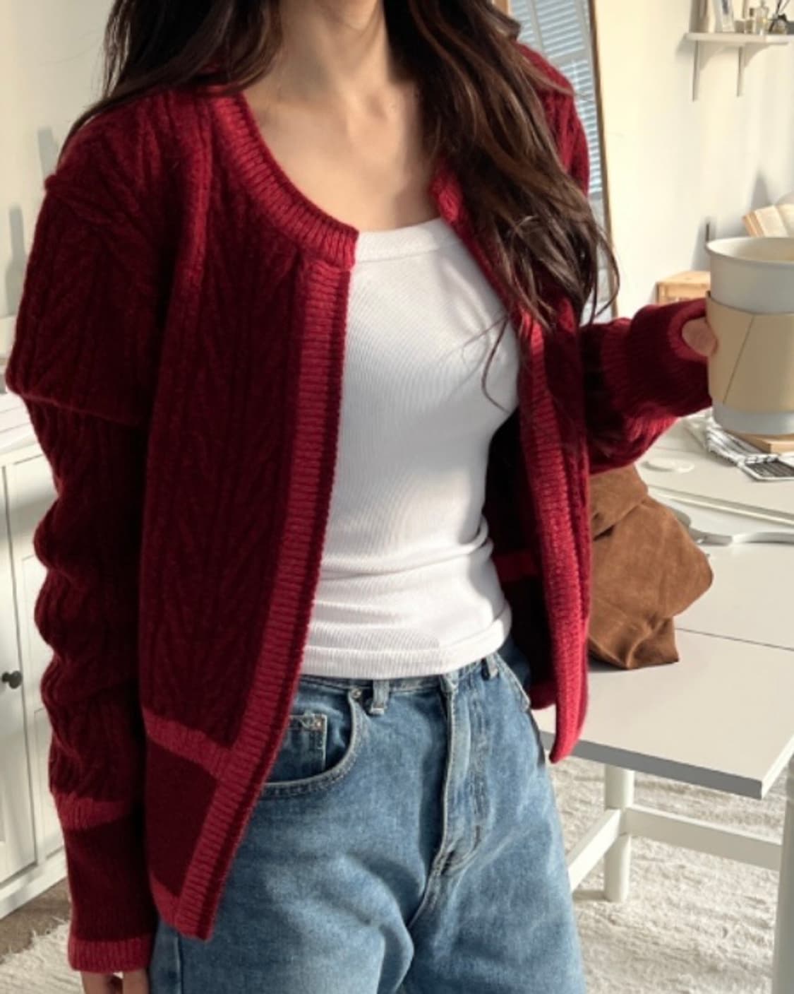 에브모우 라쿤 케이블 니트 가디건 레드  상품이미지1