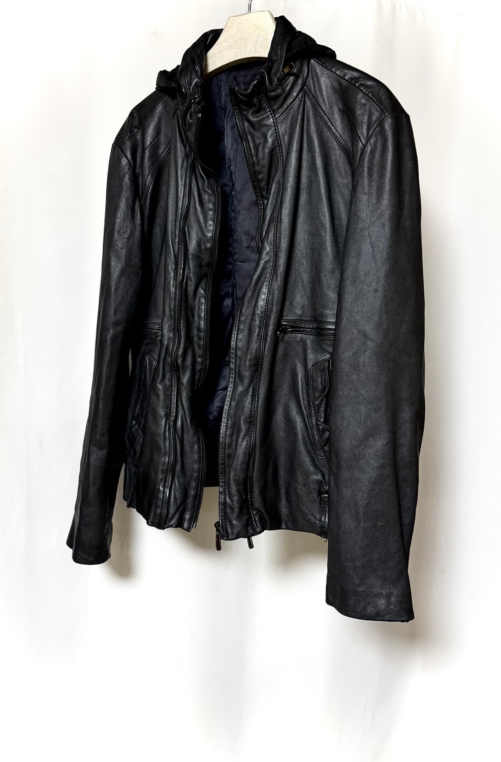 우영미 더블레이어 2zip 램스킨 후드 라이더자켓 상품이미지1