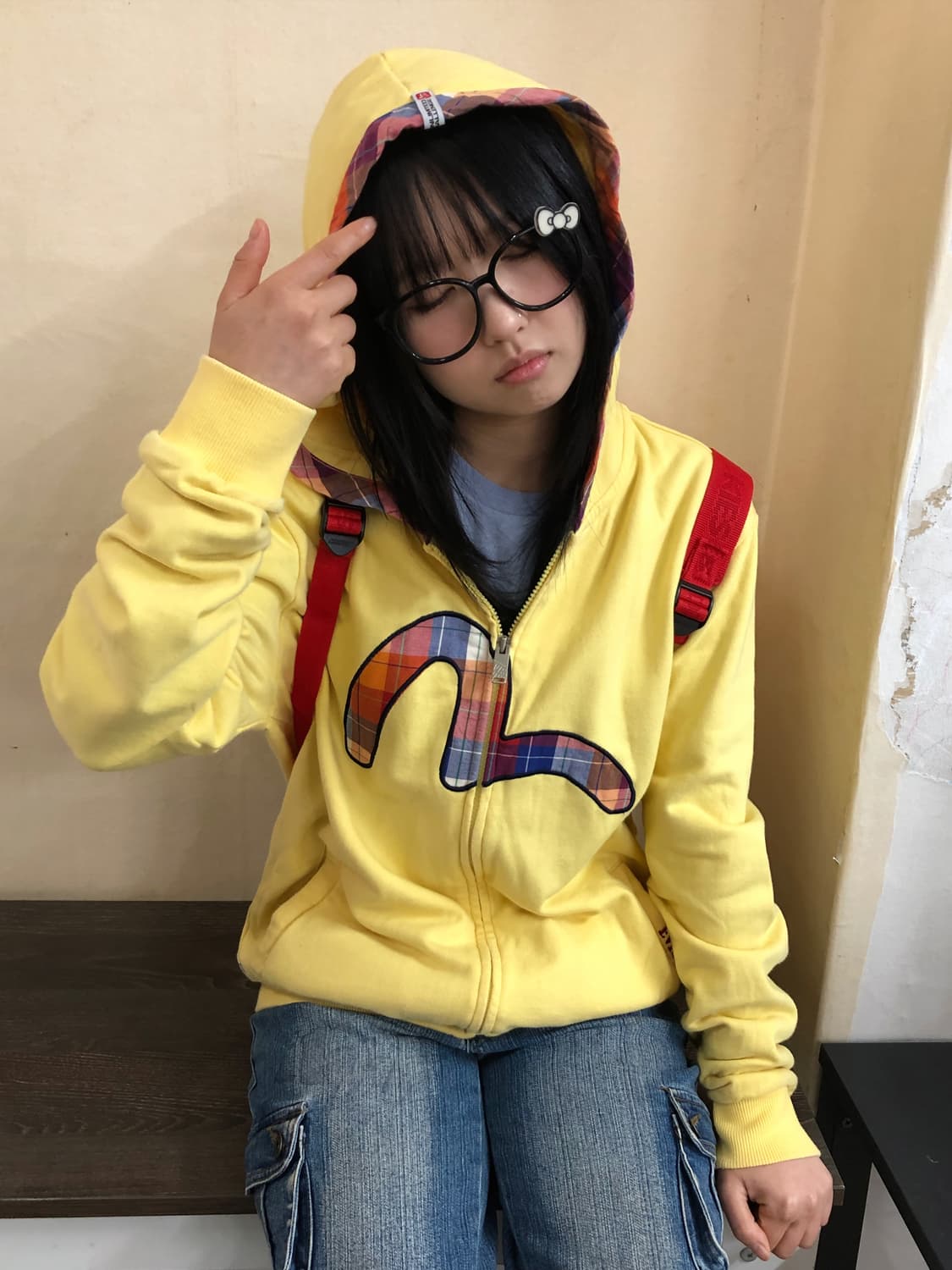 M EVISU 에비수 진스 체크 포인트 빅로고 후드집업 상품이미지1