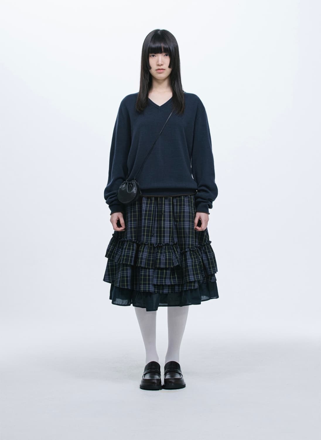 오헤시오 체크 프릴 미디 스커트 네이비 상품이미지2
