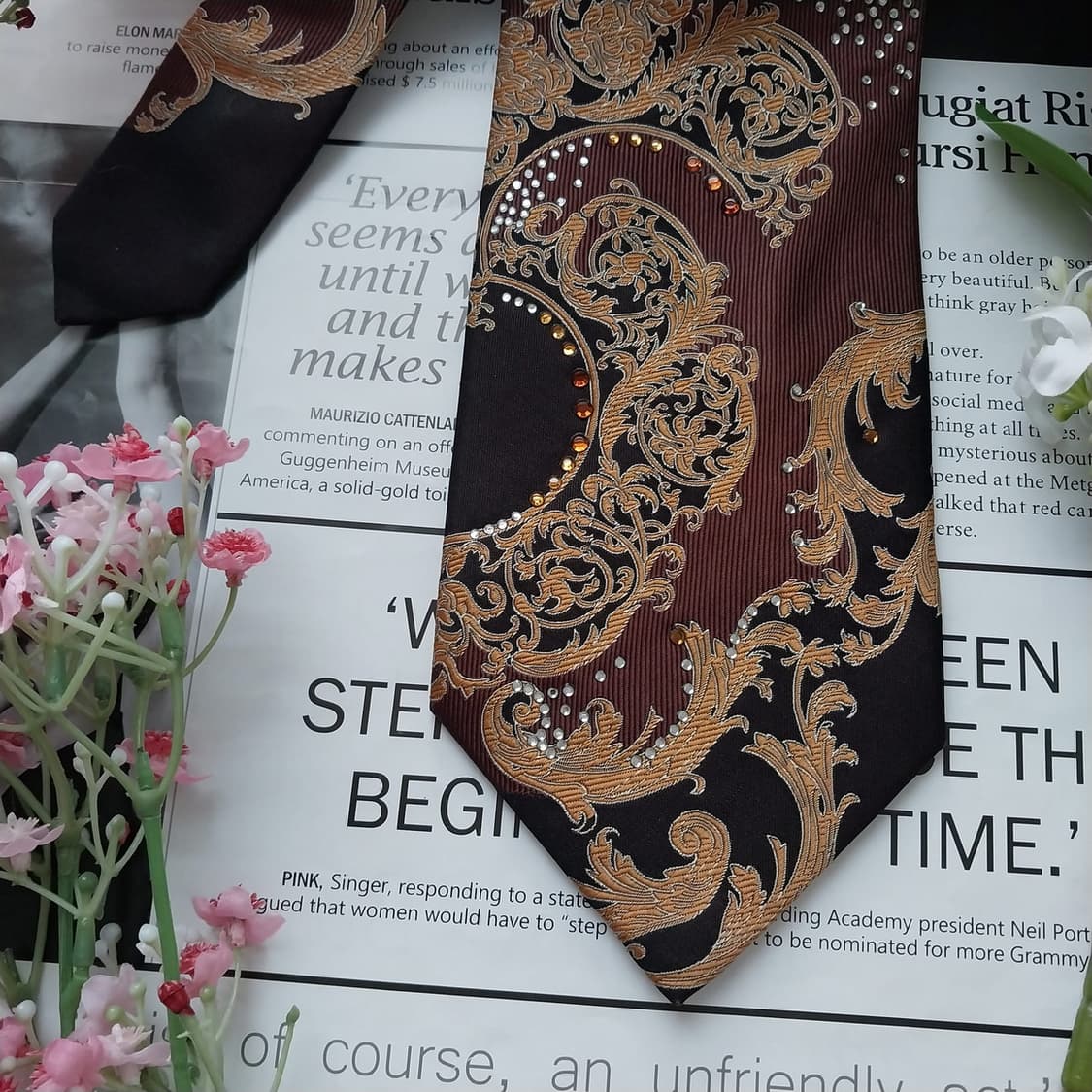 피에르 발망 실크 블랙 오너먼트 큐빅 넥타이 9.5cm A등급 K1578 상품이미지5